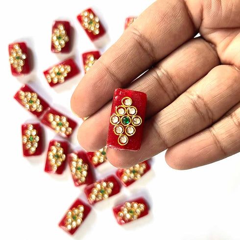 Maroon Color Rectangle Shape Beads With Kundan Work Pack Of 6